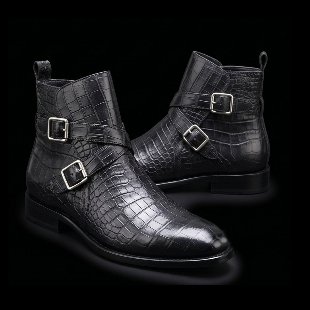 The Ravenna – Black Alligator-Print Jodhpur Boots | Leather Shoe