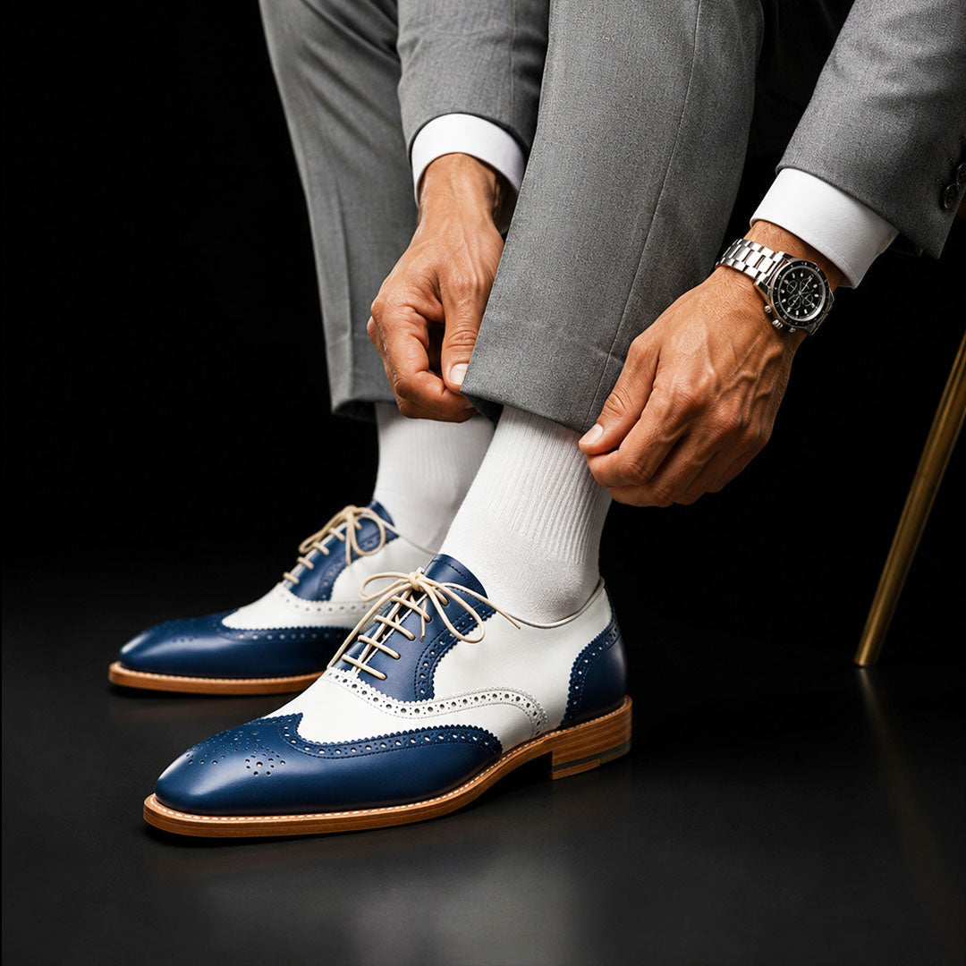 The Cognac – Blue & White Cap Toe Spectator | Leather Shoe