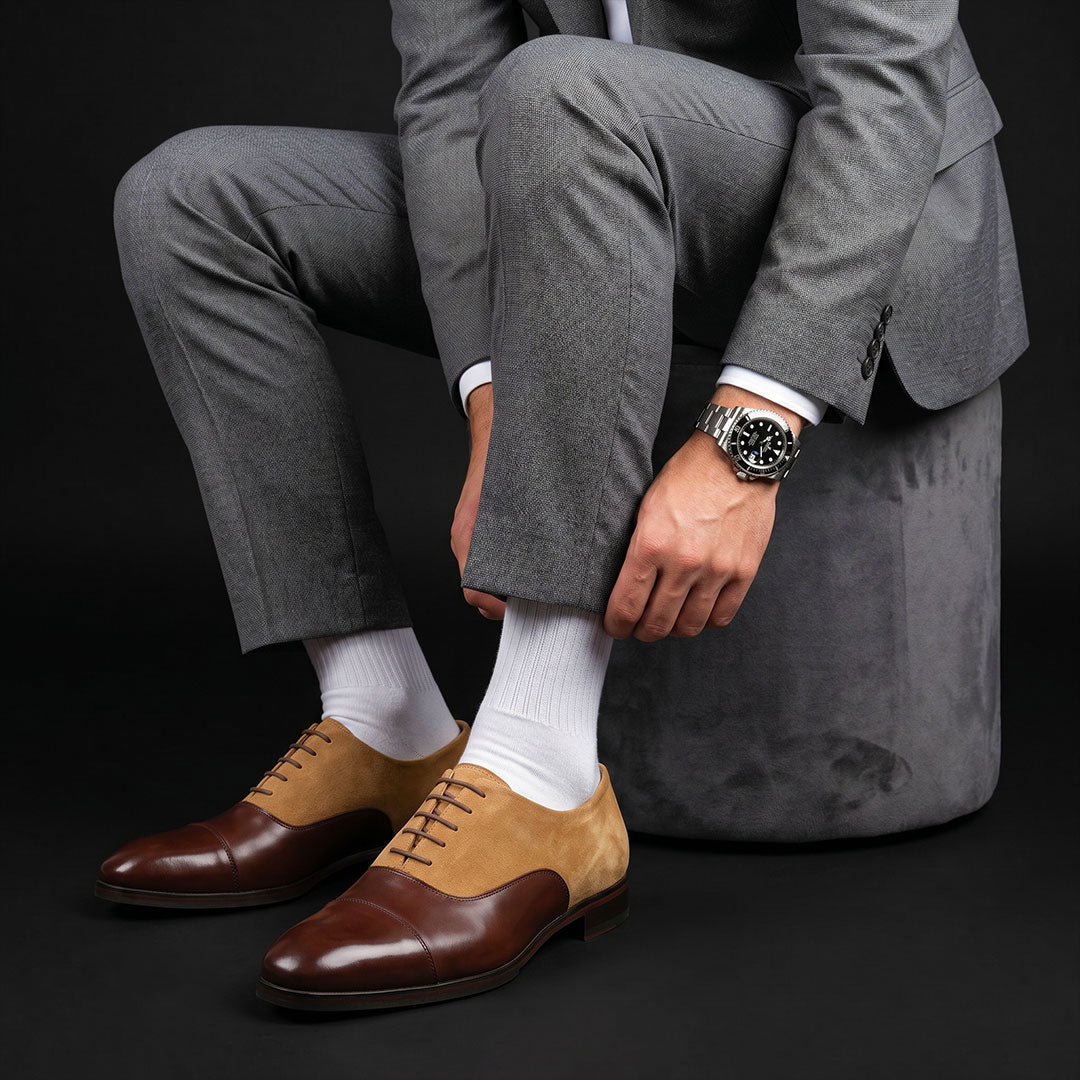 The Aniline – Brown & Beige Suede Cap Toe Dress | Leather Shoe