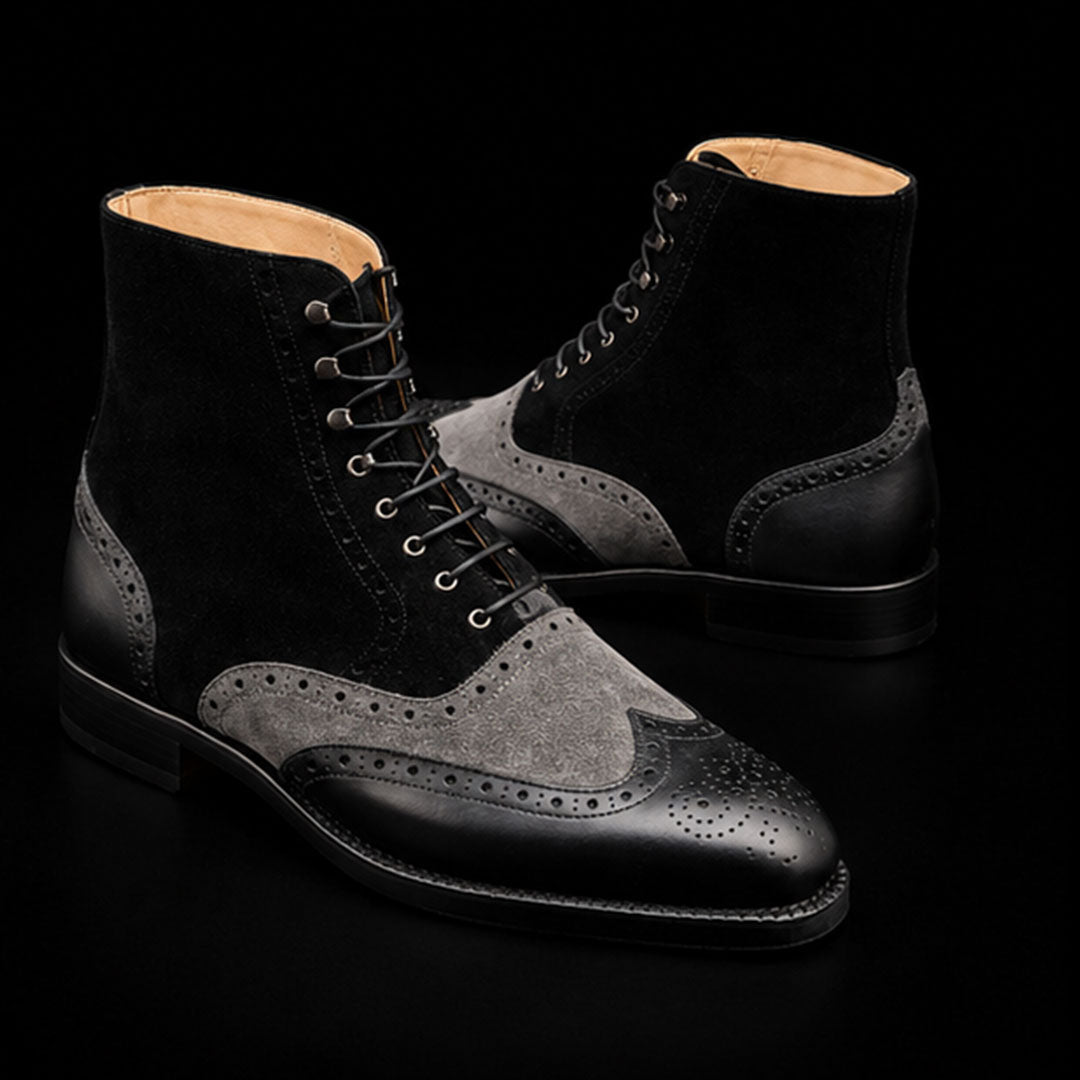 The Royal – Grey & Black Suede Wingtip Boots | Leather Shoe