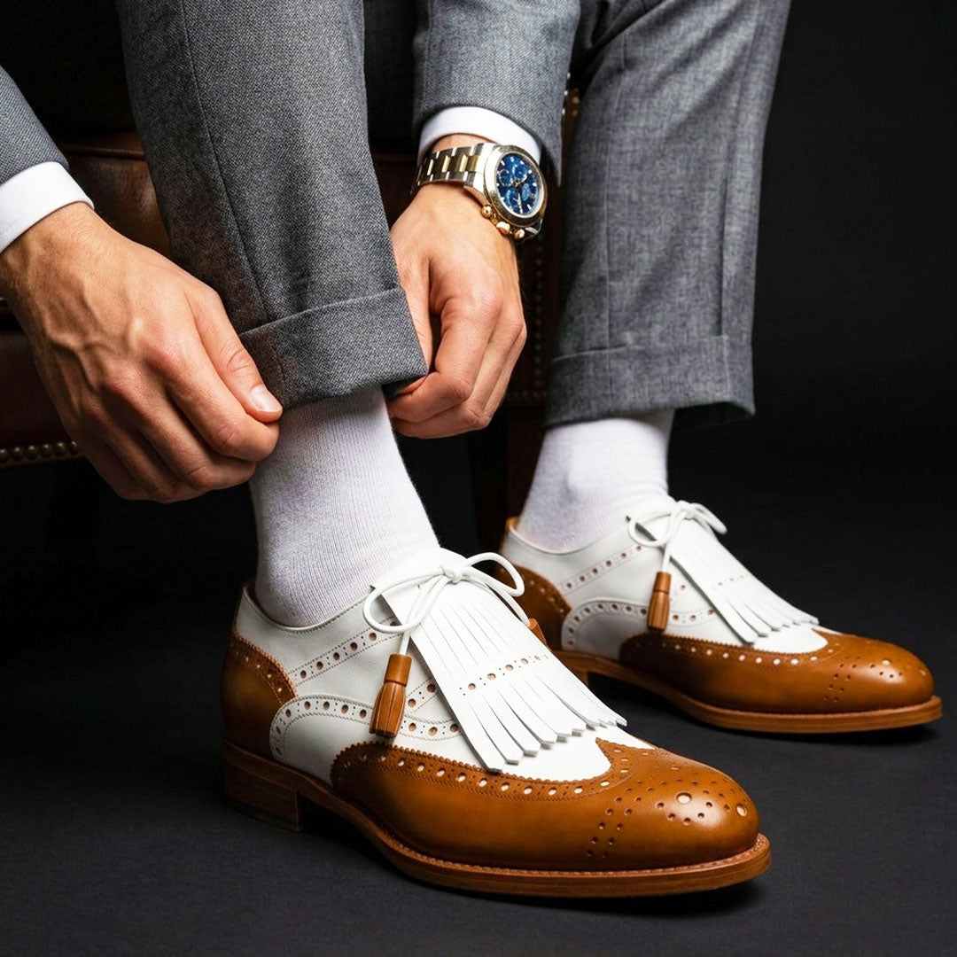The Compass – Tan & White Fringed Wingtip | Leather Shoe