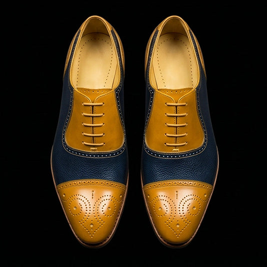 The Rimini – Tan & Navy Brogue Cap Toe Oxford | Leather Shoe