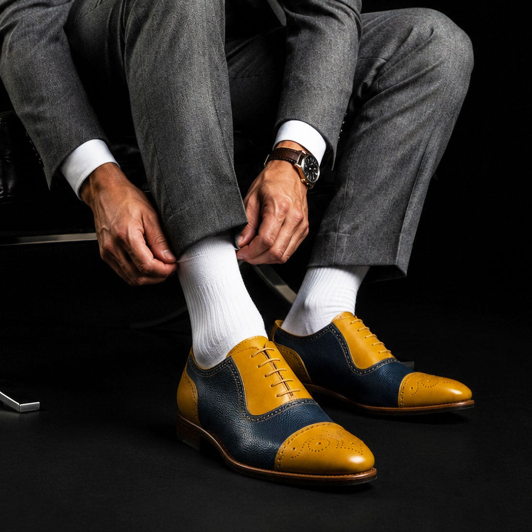 The Rimini – Tan & Navy Brogue Cap Toe Oxford | Leather Shoe