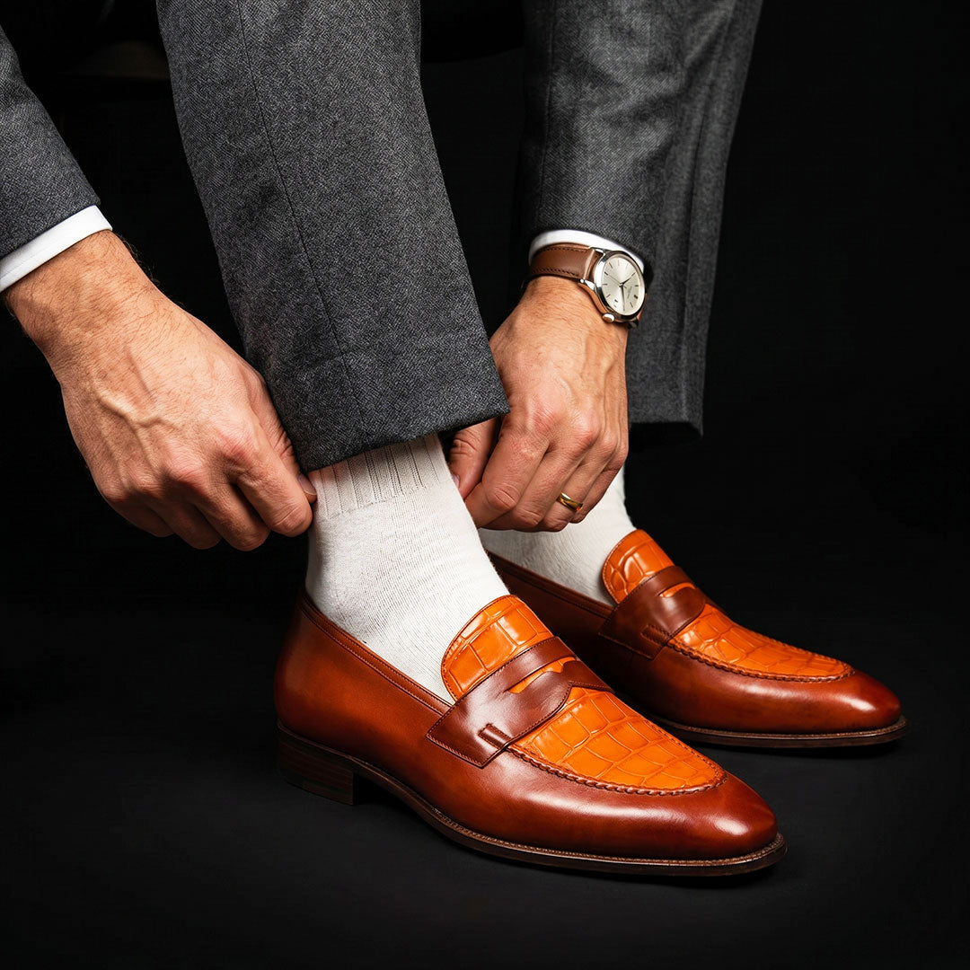 The Rivet – Two-Tone Tan Alligator Penny Loafer | Leather Shoe