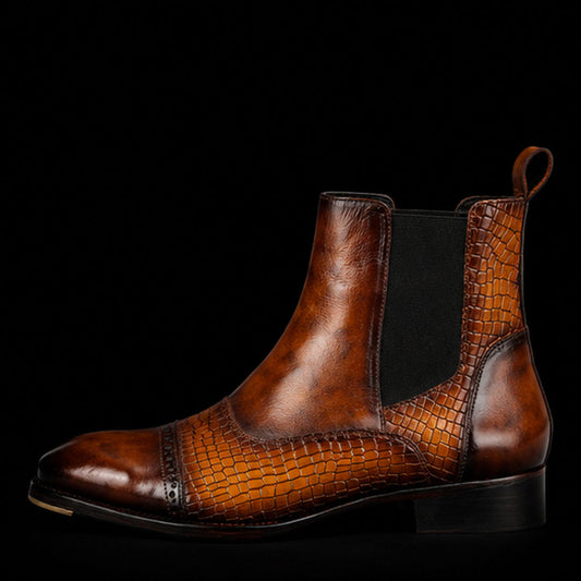 The Mead – Tan Croc-Print Cap Toe Chelsea Boots | Leather Shoe