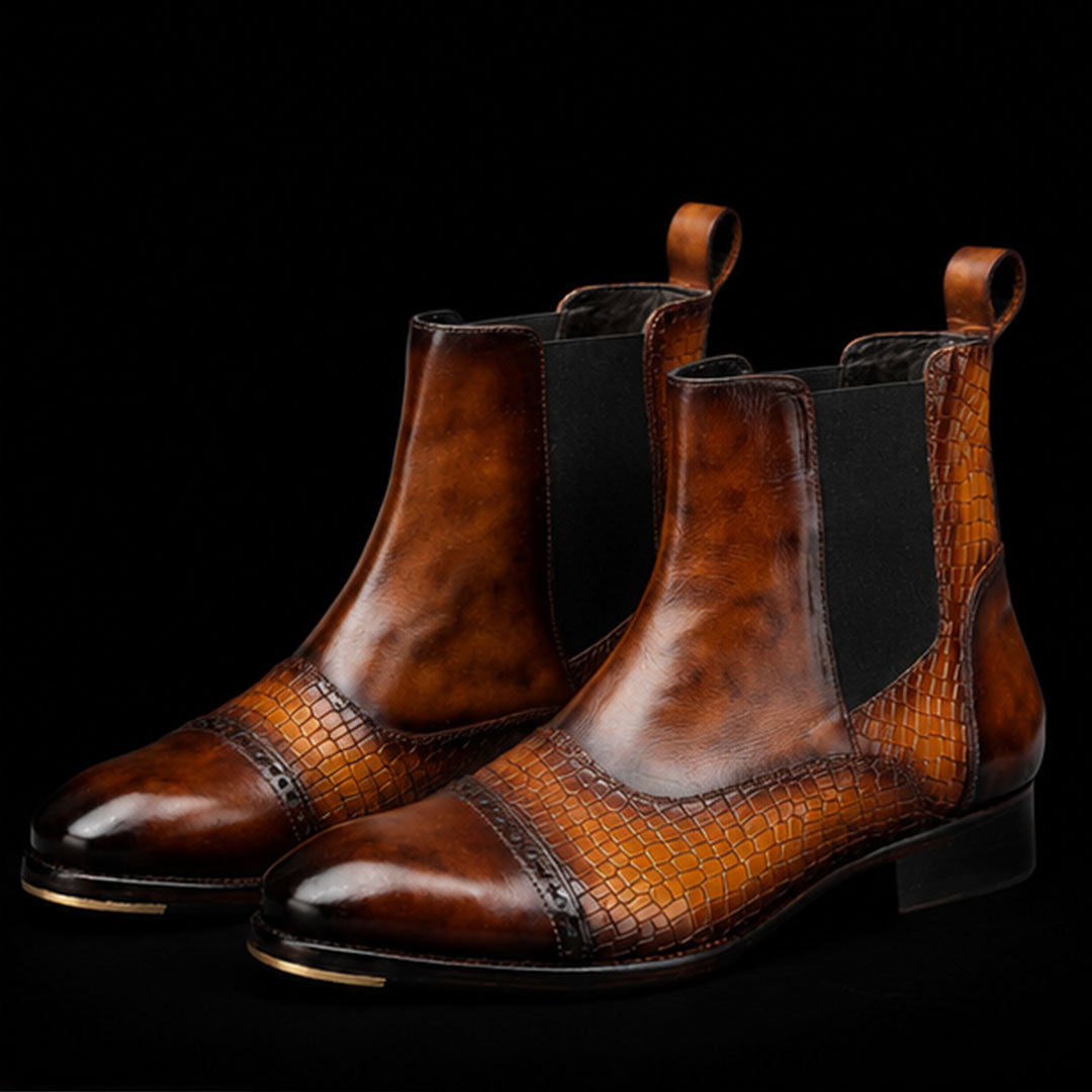 The Mead – Tan Croc-Print Cap Toe Chelsea Boots | Leather Shoe