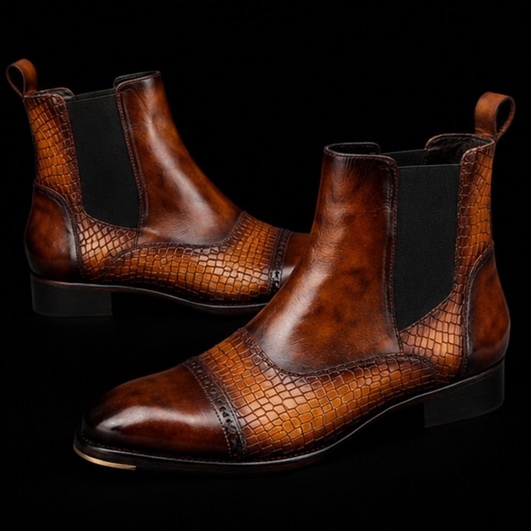 The Mead – Tan Croc-Print Cap Toe Chelsea Boots | Leather Shoe