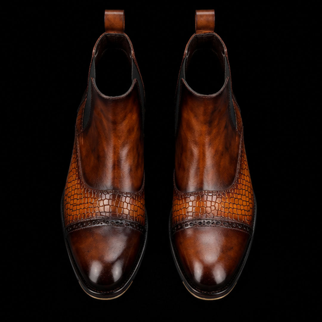 The Mead – Tan Croc-Print Cap Toe Chelsea Boots | Leather Shoe