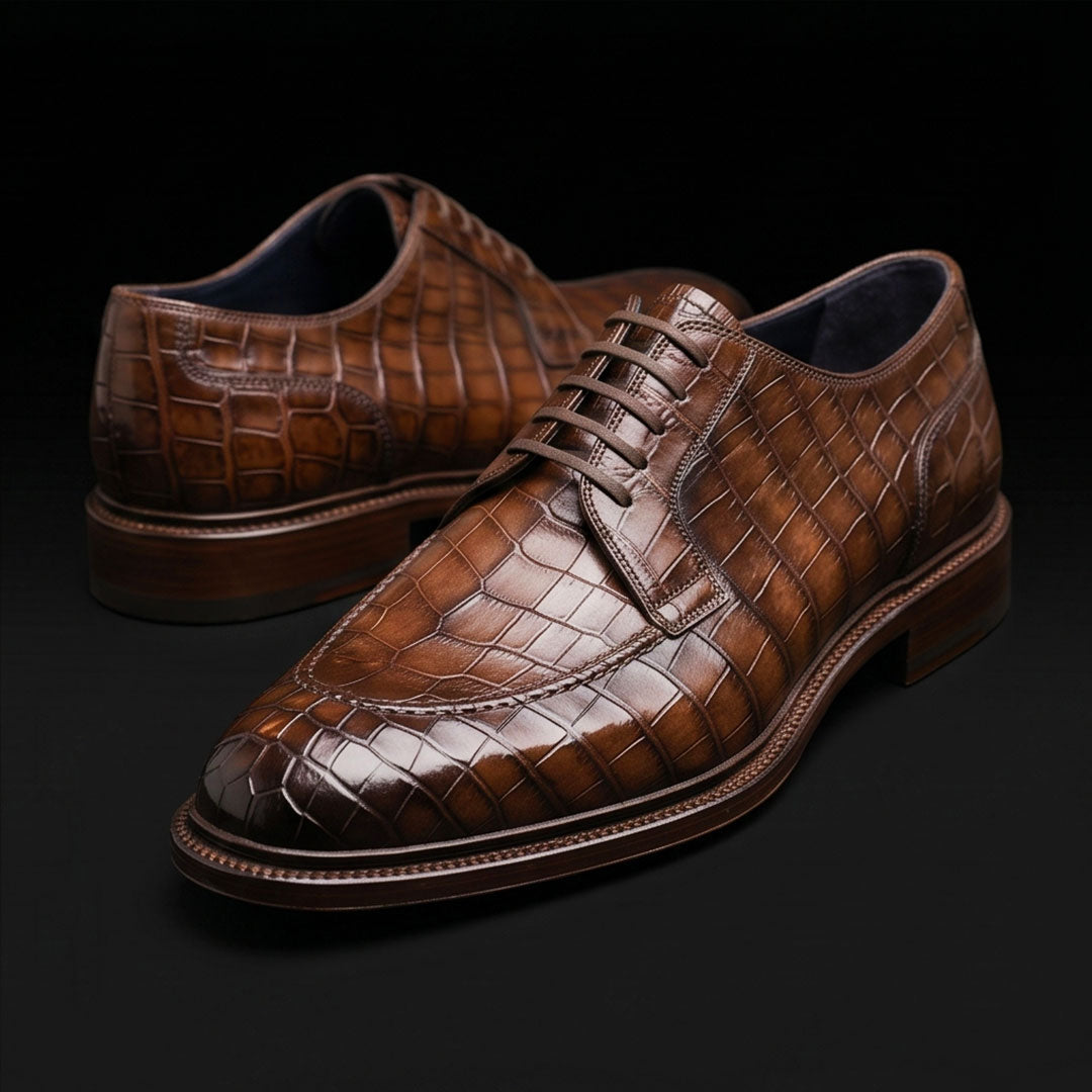The Buckle – Brown Alligator-Print Dress | Leather Shoe