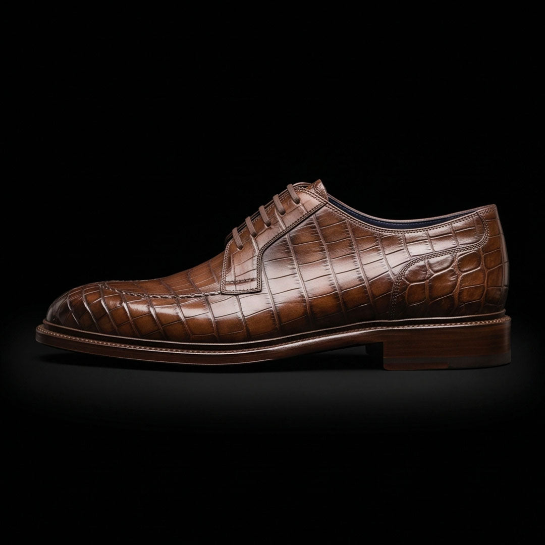 The Buckle – Brown Alligator-Print Dress | Leather Shoe