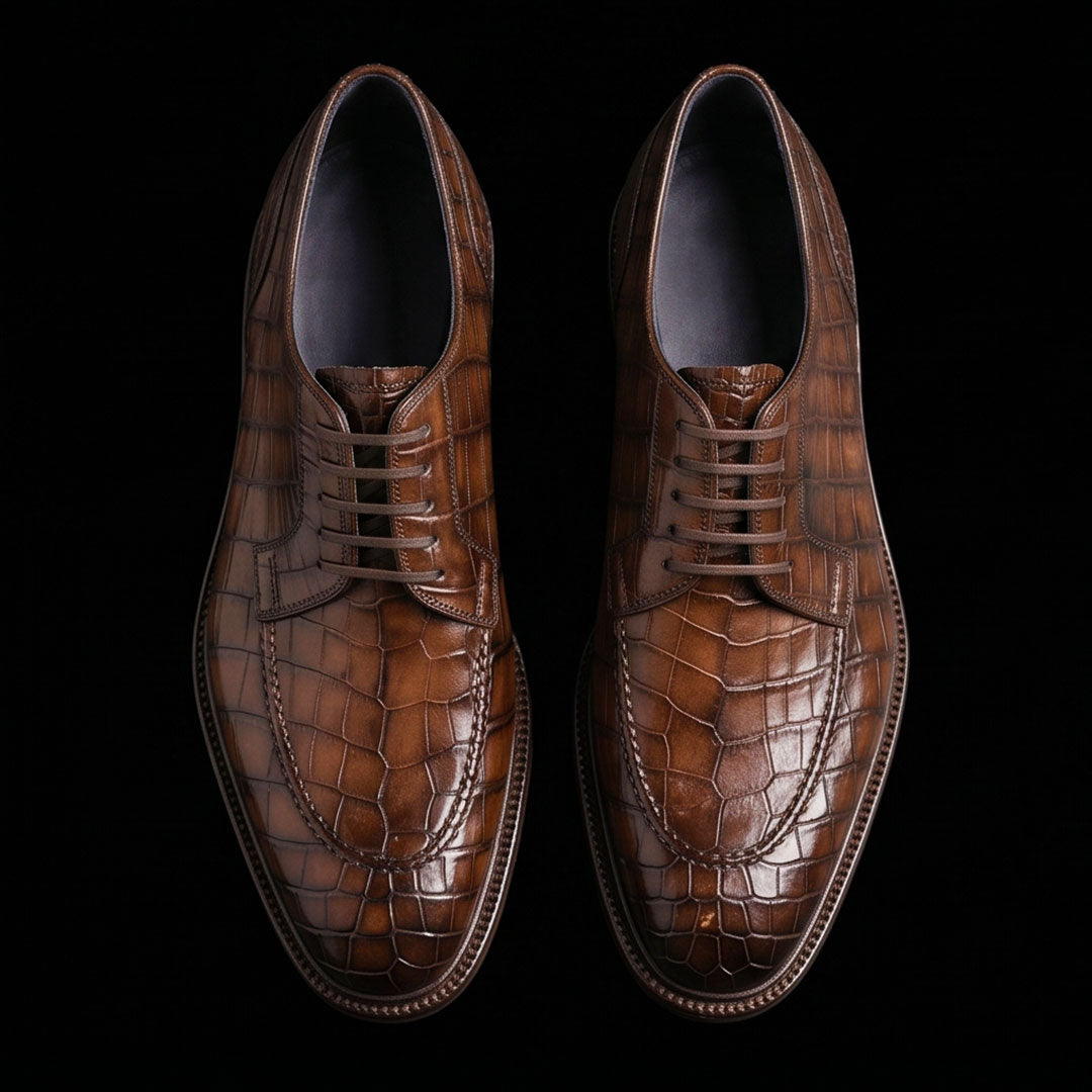 The Buckle – Brown Alligator-Print Dress | Leather Shoe