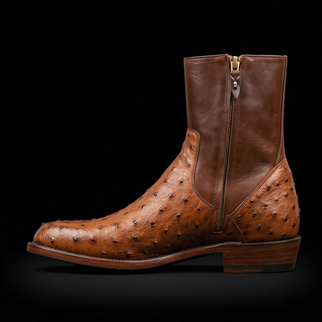 The Horween – Tan Brown Ostrich-Print Ankle Boots | Leather Shoe