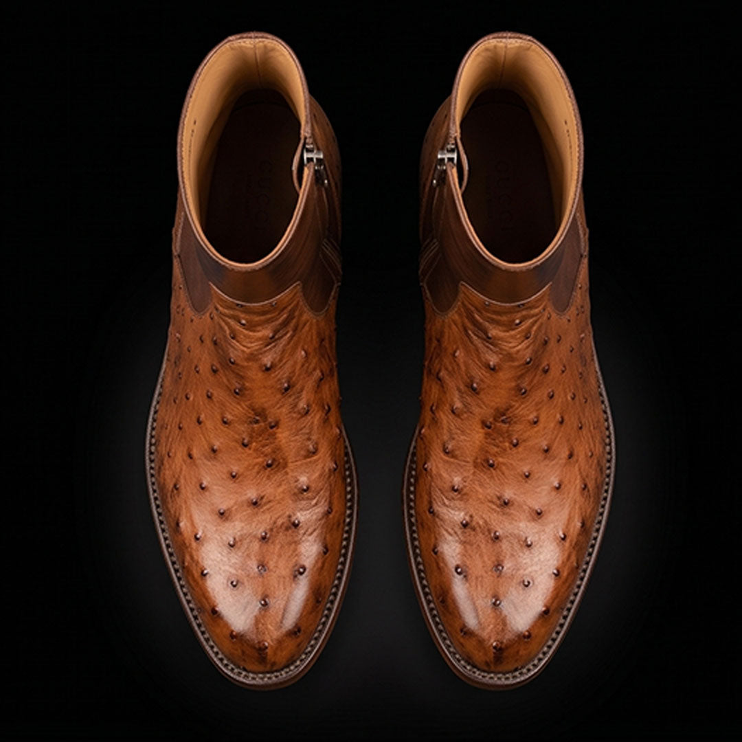 The Horween – Tan Brown Ostrich-Print Ankle Boots | Leather Shoe