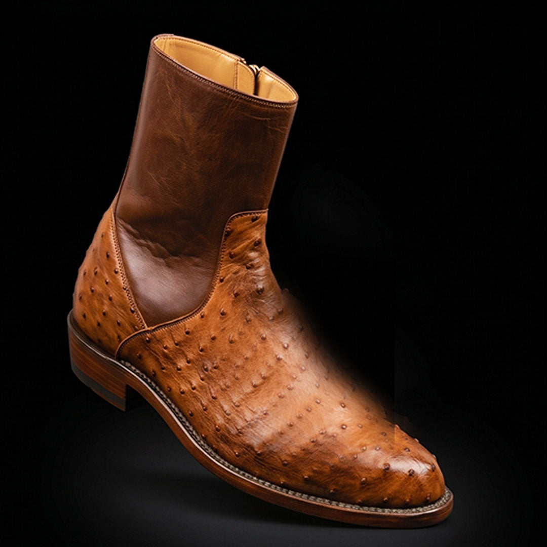 The Horween – Tan Brown Ostrich-Print Ankle Boots | Leather Shoe