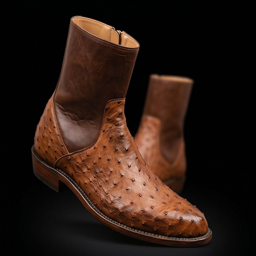 The Horween – Tan Brown Ostrich-Print Ankle Boots | Leather Shoe