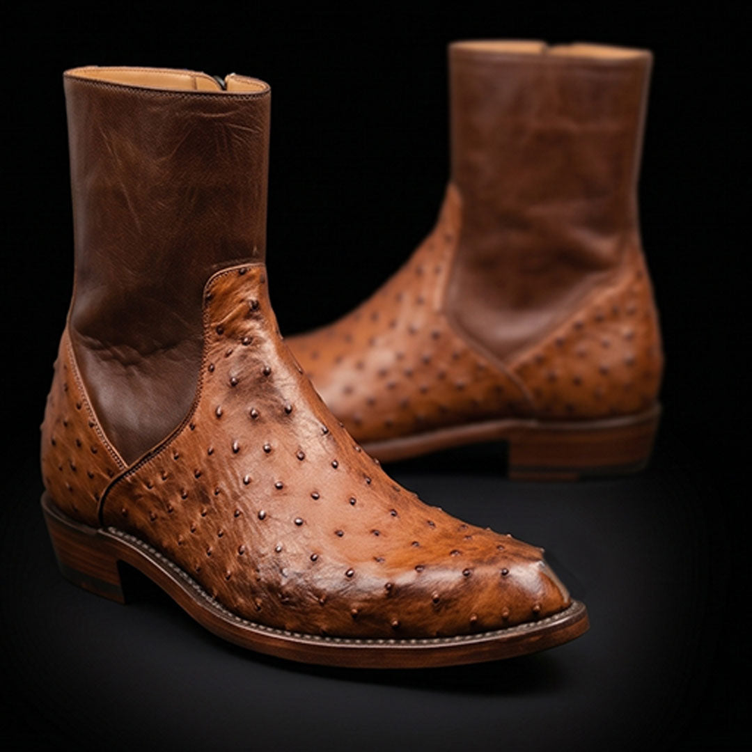 The Horween – Tan Brown Ostrich-Print Ankle Boots | Leather Shoe