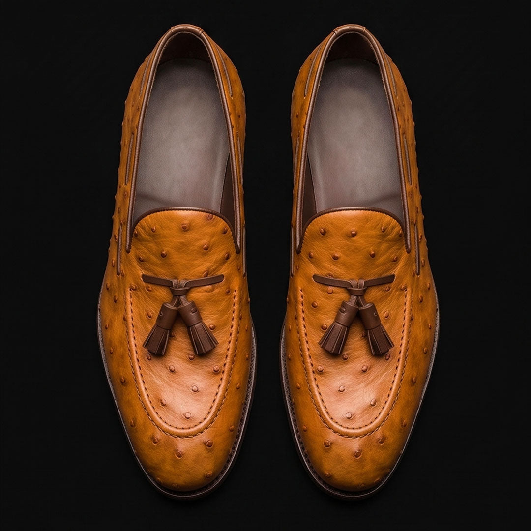 The Staker – Tan Ostrich-Print Tassel Loafer | Leather Shoe
