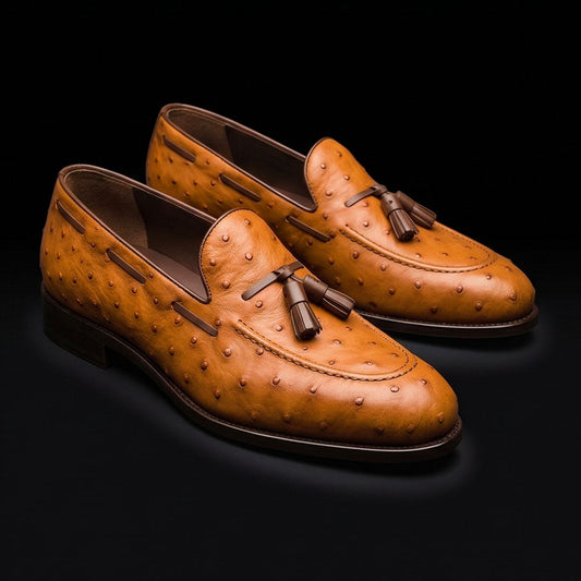 The Staker – Tan Ostrich-Print Tassel Loafer | Leather Shoe