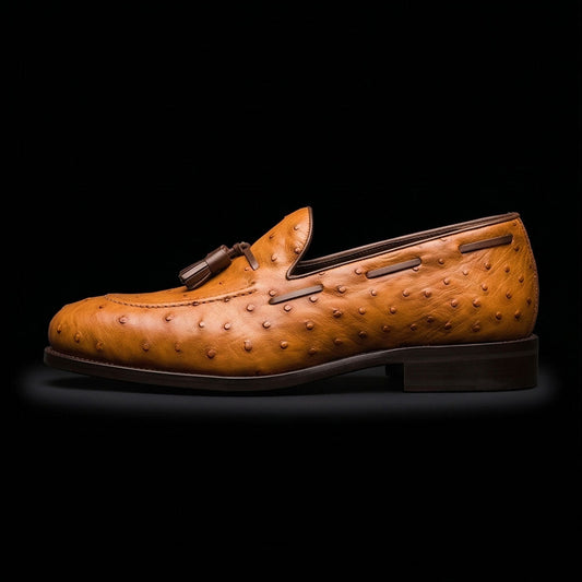 The Staker – Tan Ostrich-Print Tassel Loafer | Leather Shoe