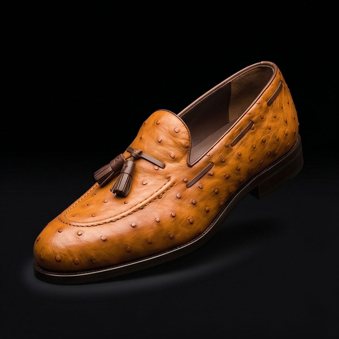 The Staker – Tan Ostrich-Print Tassel Loafer | Leather Shoe