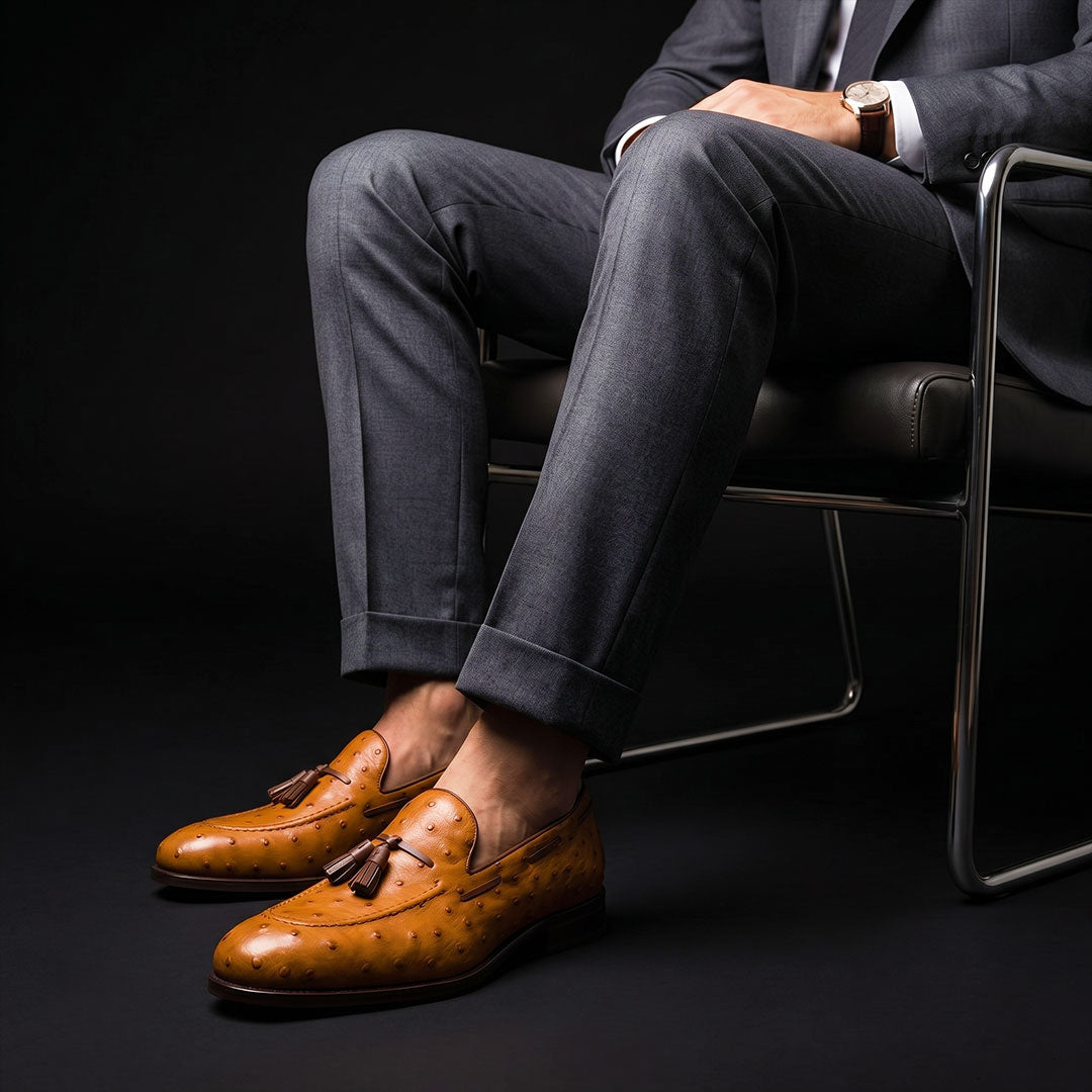 The Staker – Tan Ostrich-Print Tassel Loafer | Leather Shoe