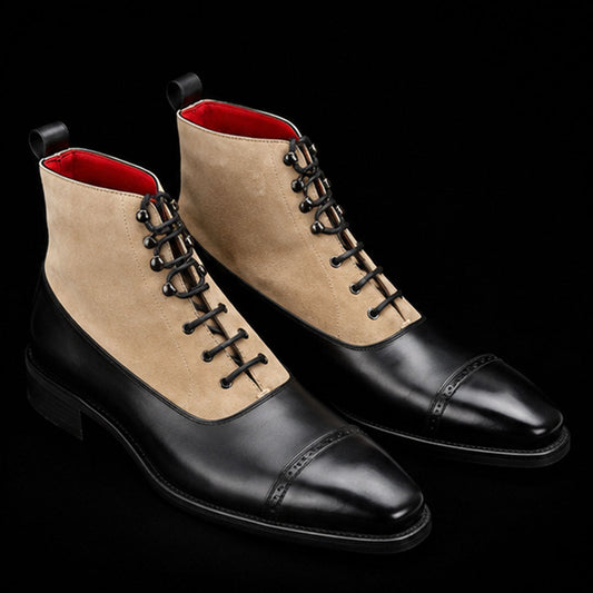 The Cordwain – Beige & Black Suede Ankle Dress Boots | Leather Shoe