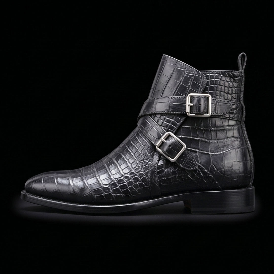 The Ravenna – Black Alligator-Print Jodhpur Boots | Leather Shoe