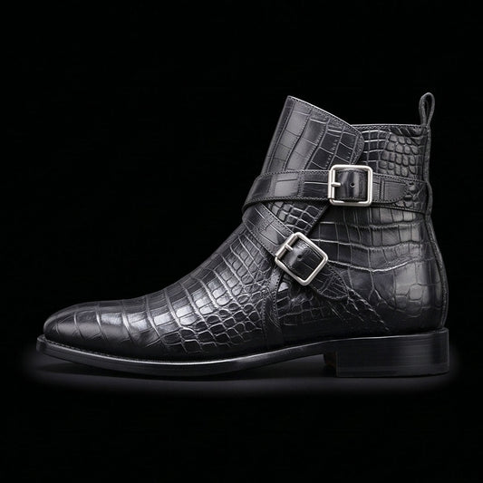 The Ravenna – Black Alligator-Print Jodhpur Boots | Leather Shoe