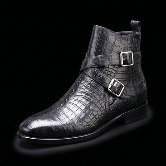 The Ravenna – Black Alligator-Print Jodhpur Boots | Leather Shoe