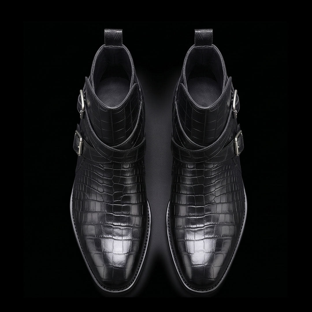 The Ravenna – Black Alligator-Print Jodhpur Boots | Leather Shoe