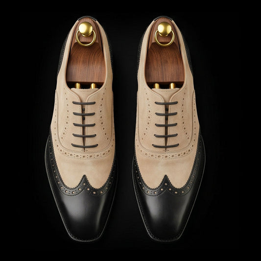 The Vegtan – Black & Beige Suede Wingtip Oxford | Leather Shoe