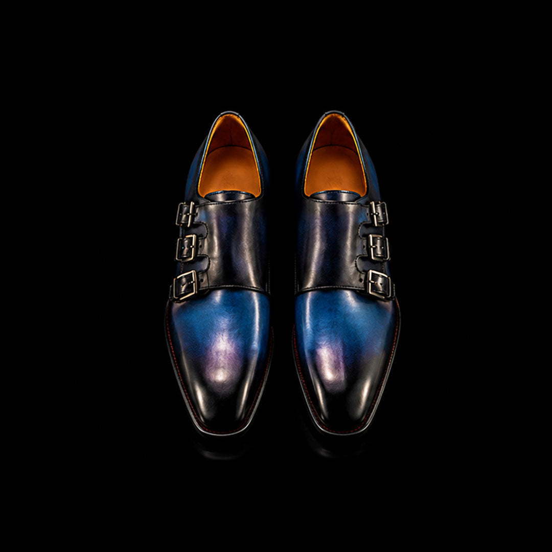 The Bevel – Blue Patina Triple Monk Buckle | Leather Shoe
