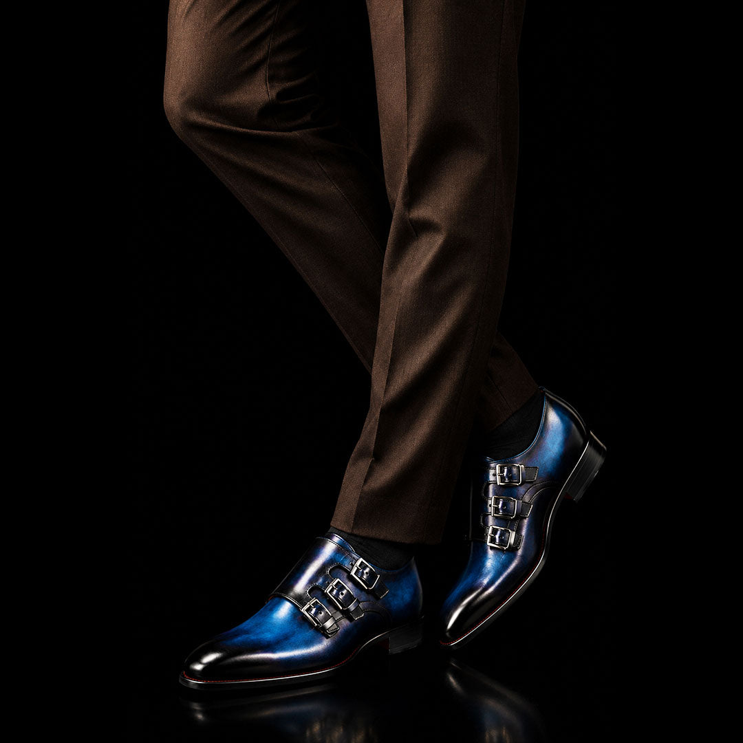 The Bevel – Blue Patina Triple Monk Buckle | Leather Shoe