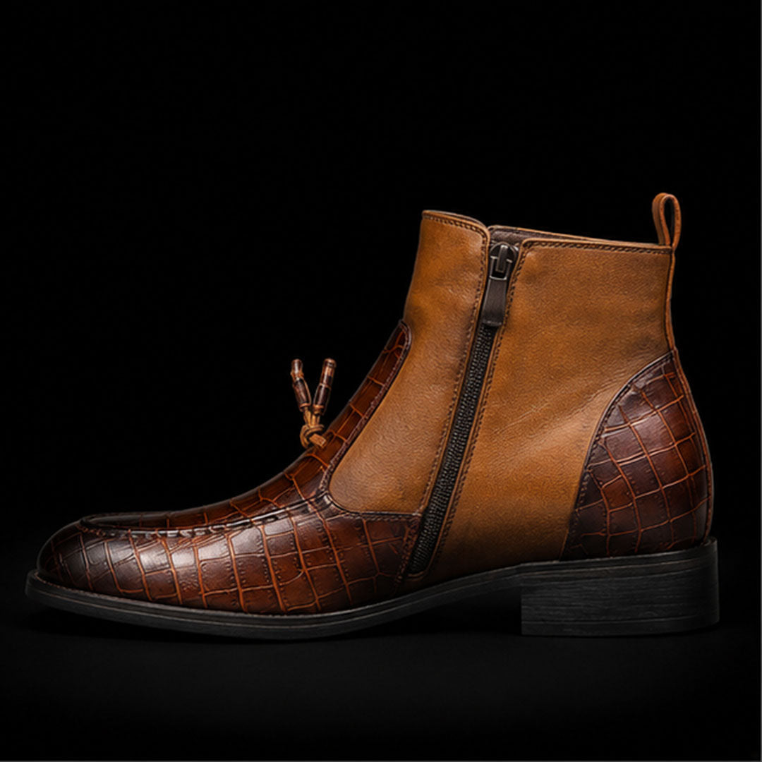 The Grand – Brown Alligator-Print Zipper Tassel Boots | Leather Shoe