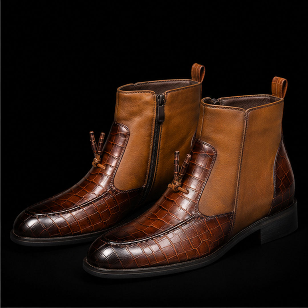 The Grand – Brown Alligator-Print Zipper Tassel Boots | Leather Shoe