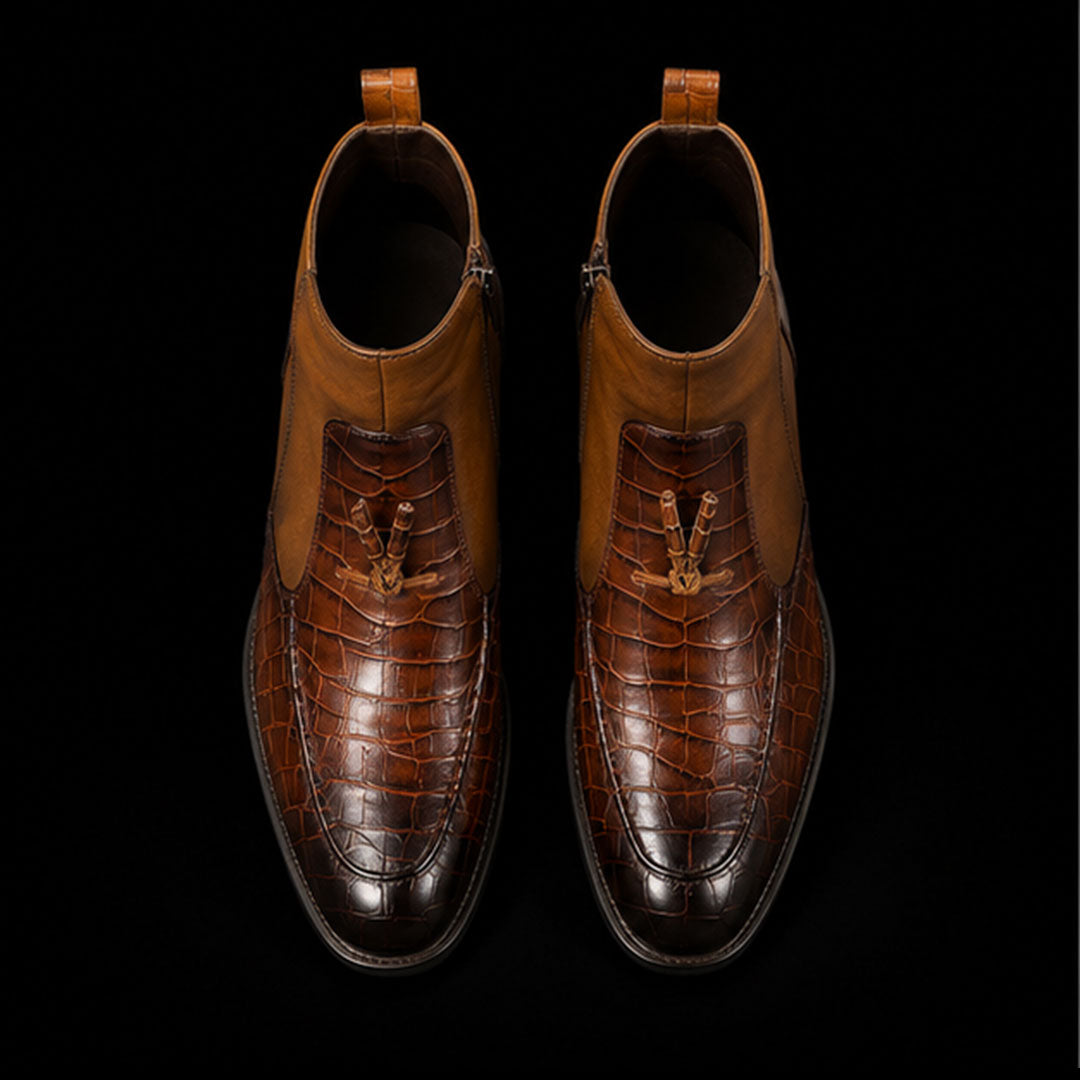 The Grand – Brown Alligator-Print Zipper Tassel Boots | Leather Shoe