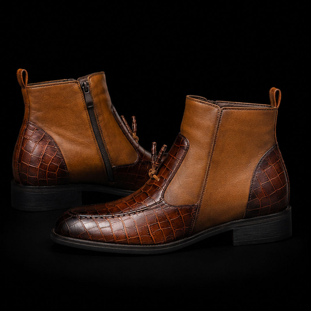 The Grand – Brown Alligator-Print Zipper Tassel Boots | Leather Shoe