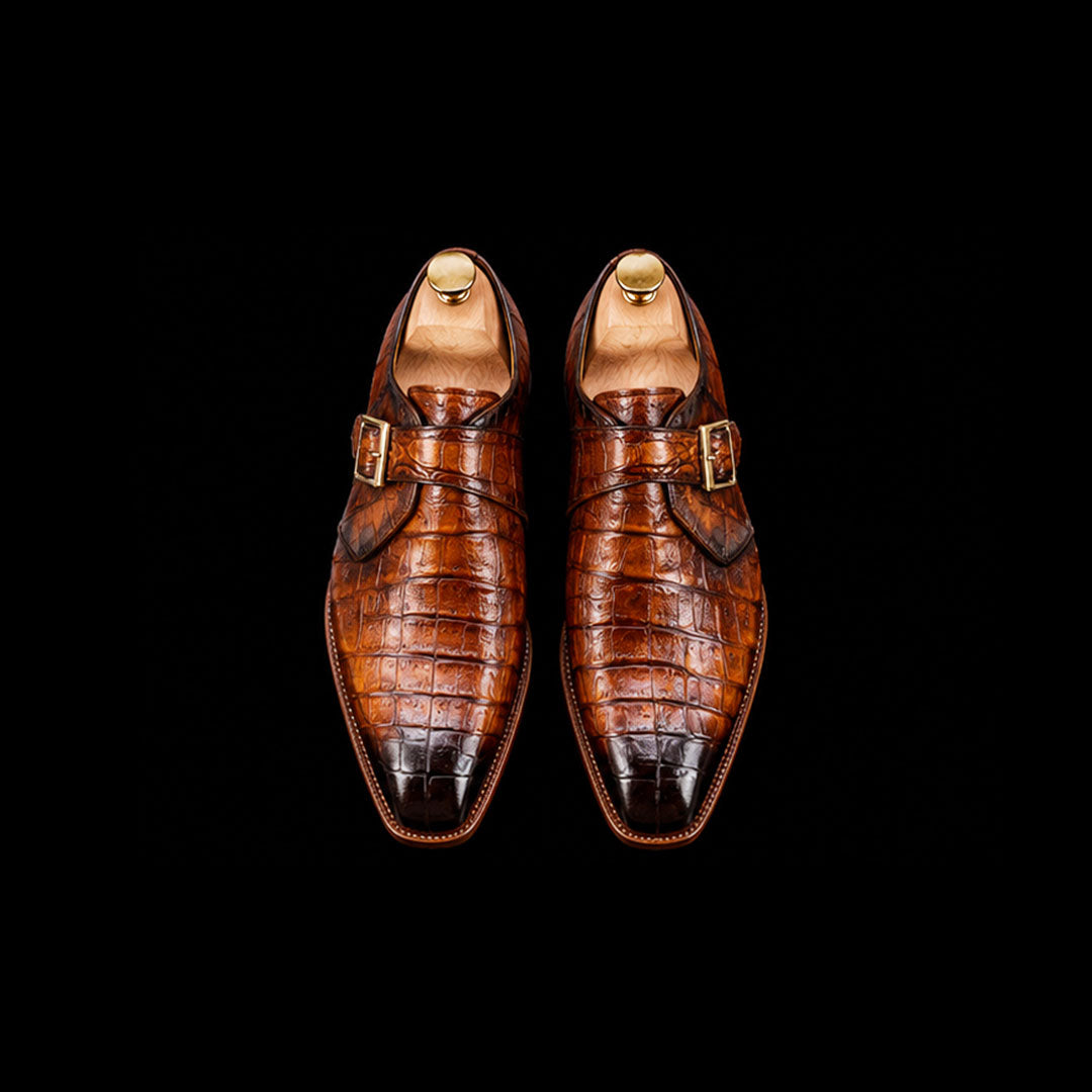 The Hunter – Brown Croc-Print Single Monk Strap | Leather Shoe