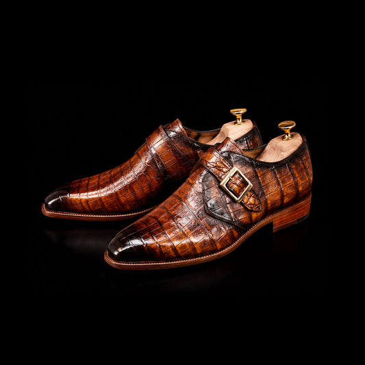 The Hunter – Brown Croc-Print Single Monk Strap | Leather Shoe