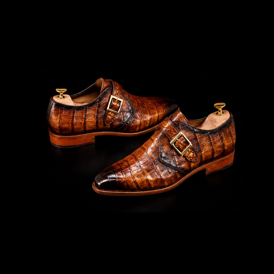 The Hunter – Brown Croc-Print Single Monk Strap | Leather Shoe