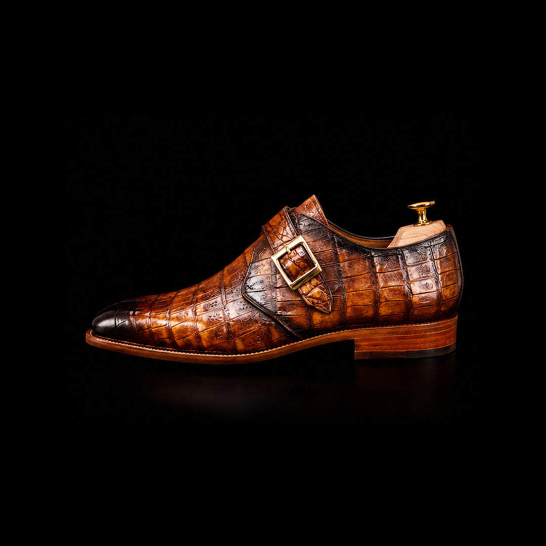 The Hunter – Brown Croc-Print Single Monk Strap | Leather Shoe