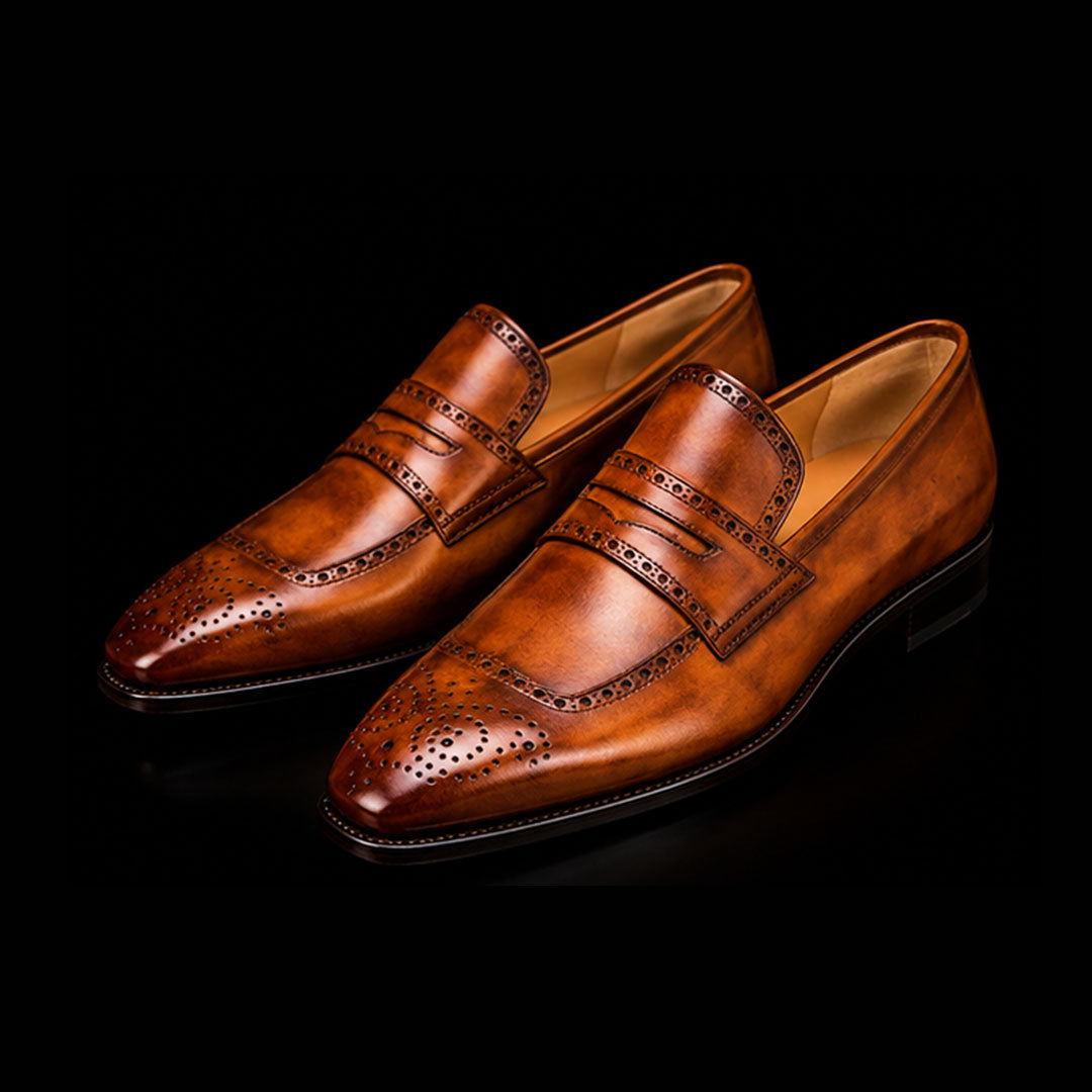 The Bari – Brown Patina Brogue Penny Loafer | Leather Shoe