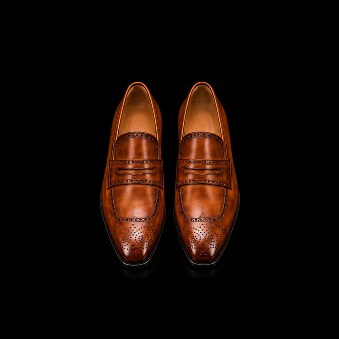 The Bari – Brown Patina Brogue Penny Loafer | Leather Shoe