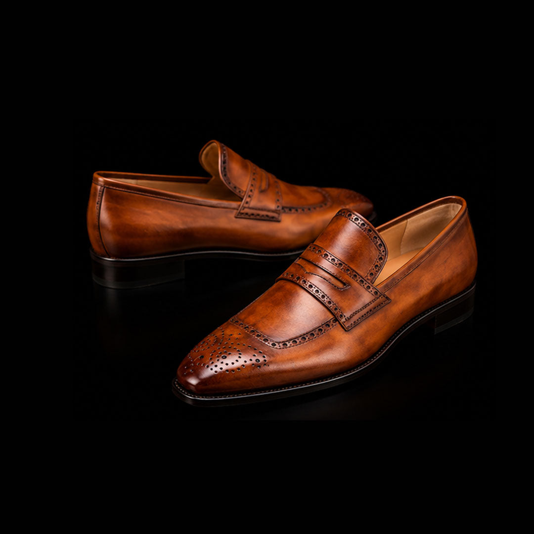 The Bari – Brown Patina Brogue Penny Loafer | Leather Shoe