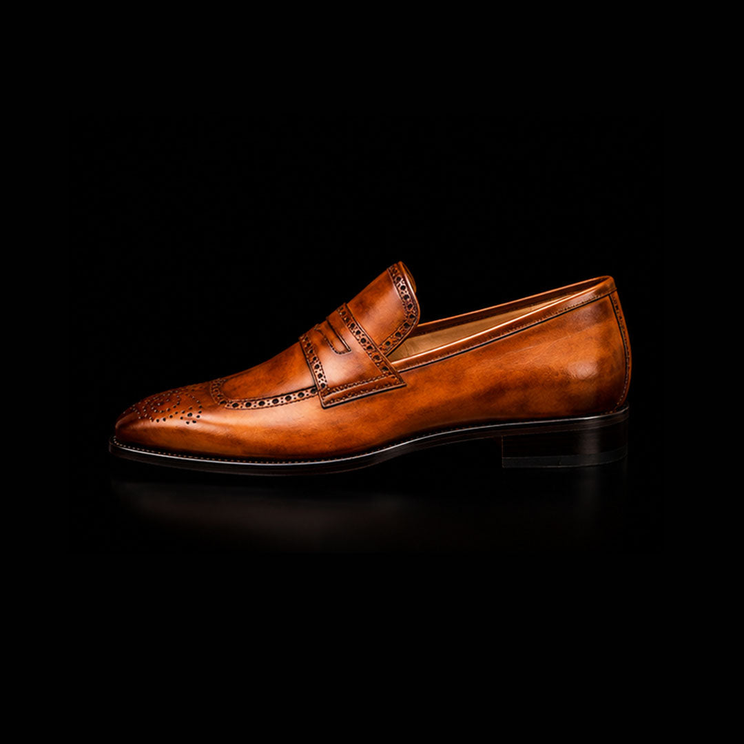 The Bari – Brown Patina Brogue Penny Loafer | Leather Shoe