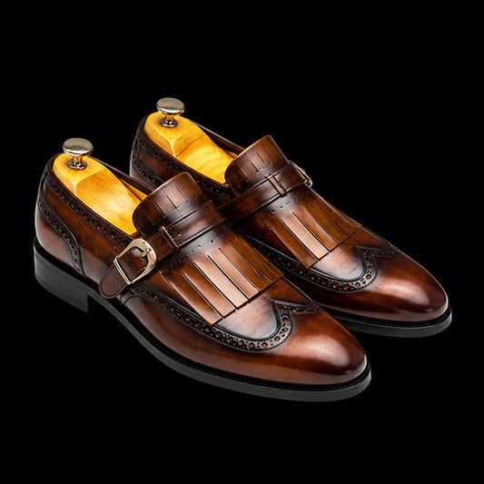 The Girth – Brown Patina Fringed Wingtip | Leather Shoe