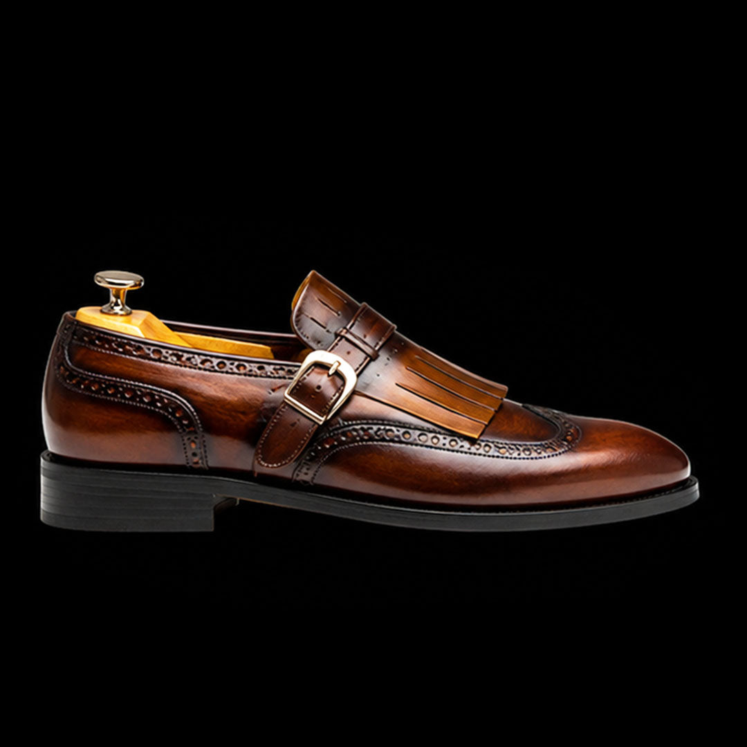 The Girth – Brown Patina Fringed Wingtip | Leather Shoe