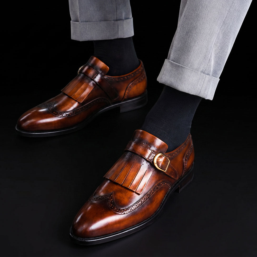 The Girth – Brown Patina Fringed Wingtip | Leather Shoe