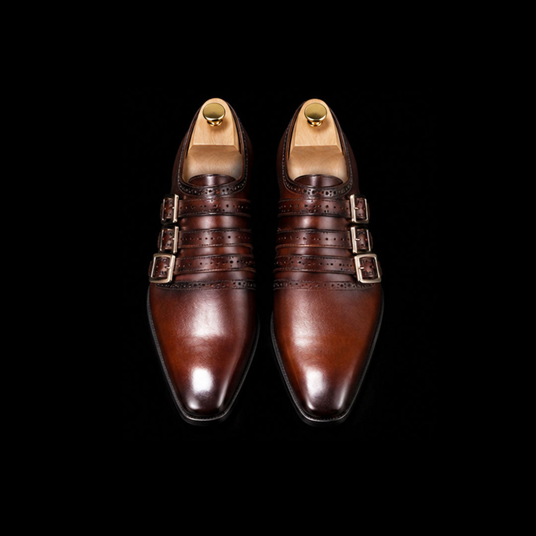 The Marquis – Dark Brown Patina Triple Monk Strap | Leather Shoe