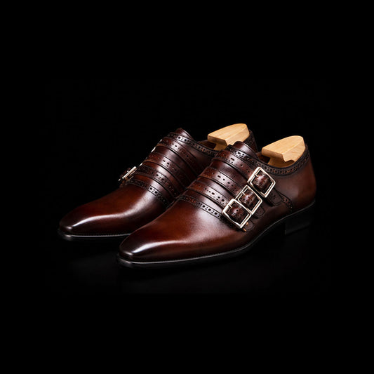 The Marquis – Dark Brown Patina Triple Monk Strap | Leather Shoe
